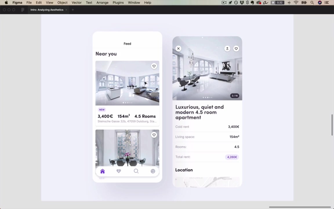 Mobile real estate app — same principles: alignment, generous spacing, round motif, mostly grayscale with a purple accent