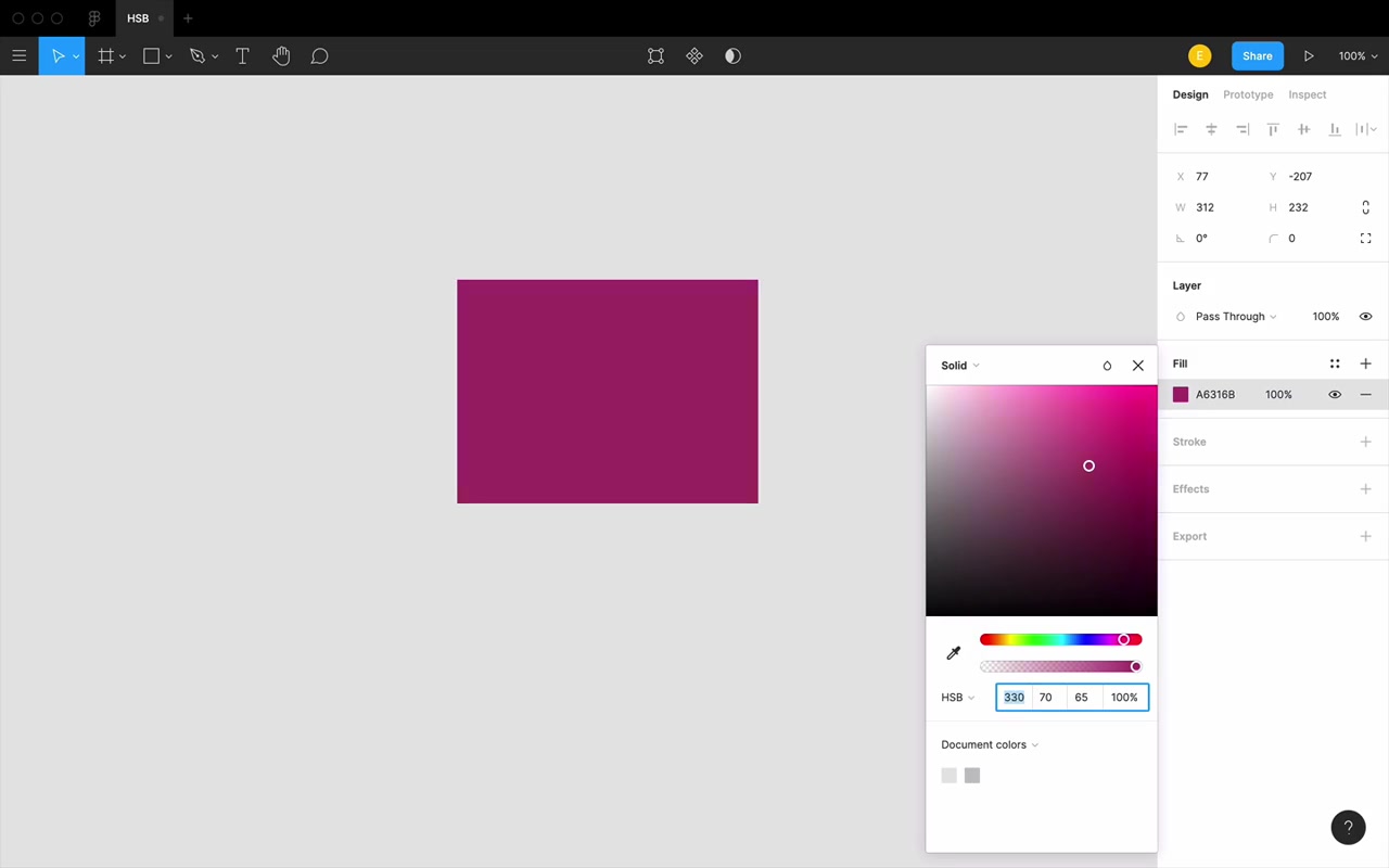 Hue picker in Figma — sliding through the color wheel from red through every hue