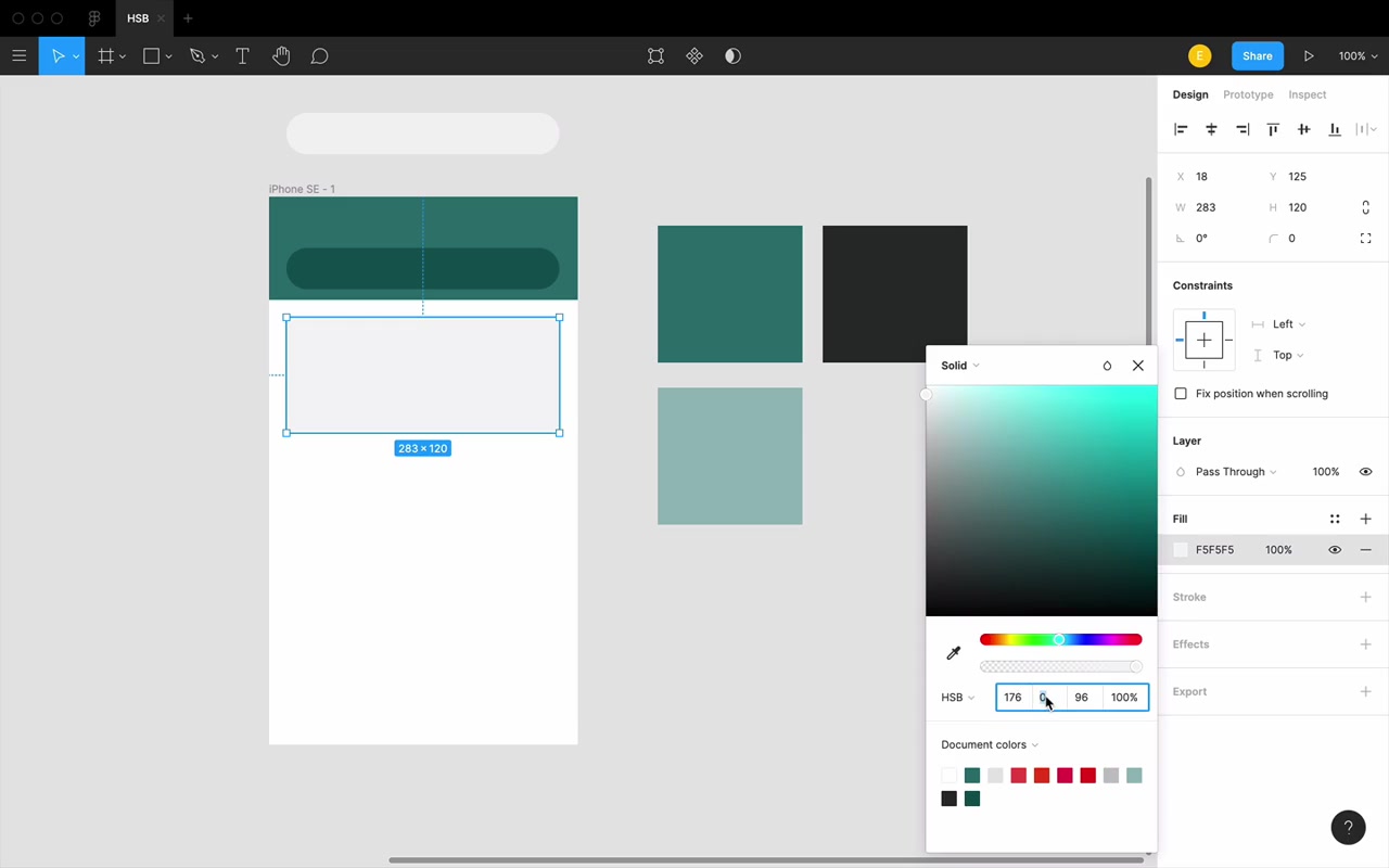 Bright card at 6% saturation vs dark sidebar at 44% saturation — both just barely showing the same hue, demonstrating saturation works slower on dark colors