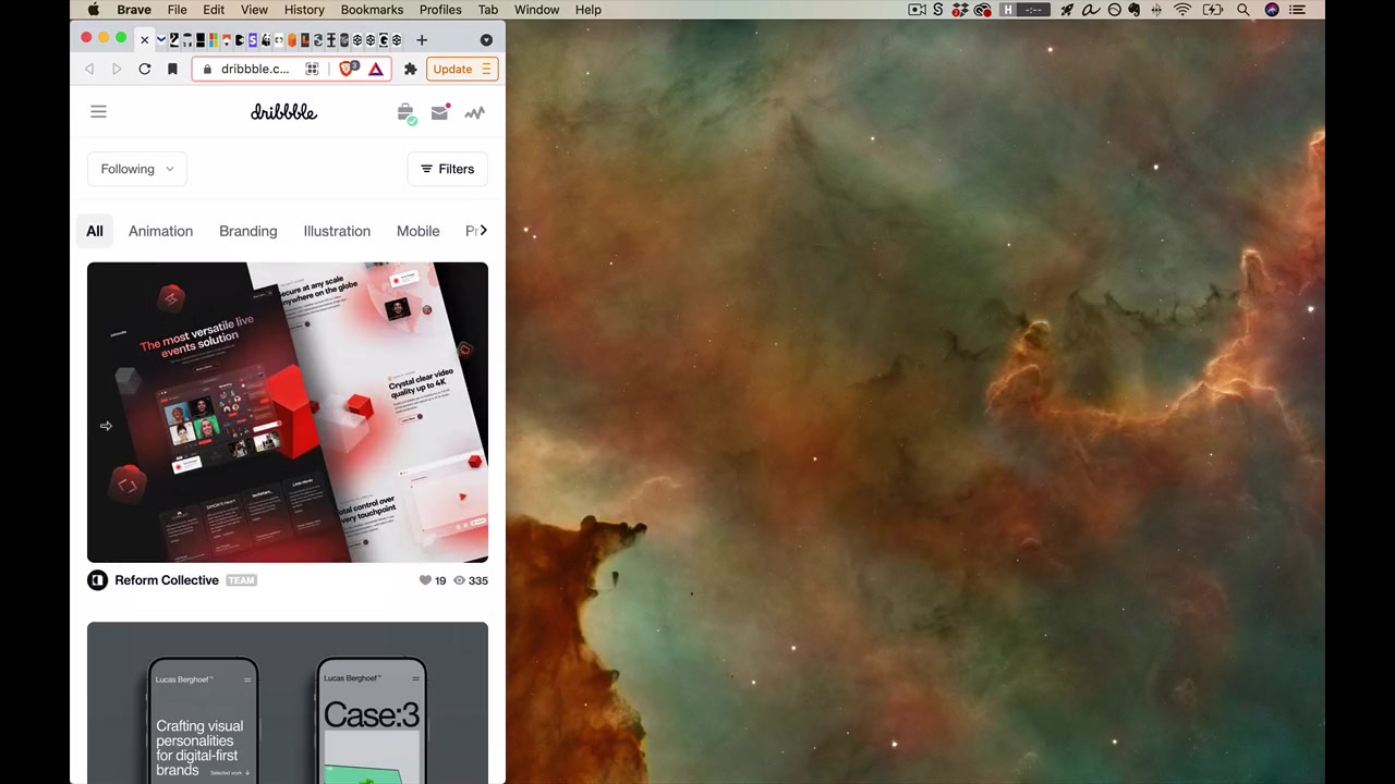 Dribbble on a narrow mobile viewport — category tabs overflow with a ">" indicator showing how desktop hover nav breaks down