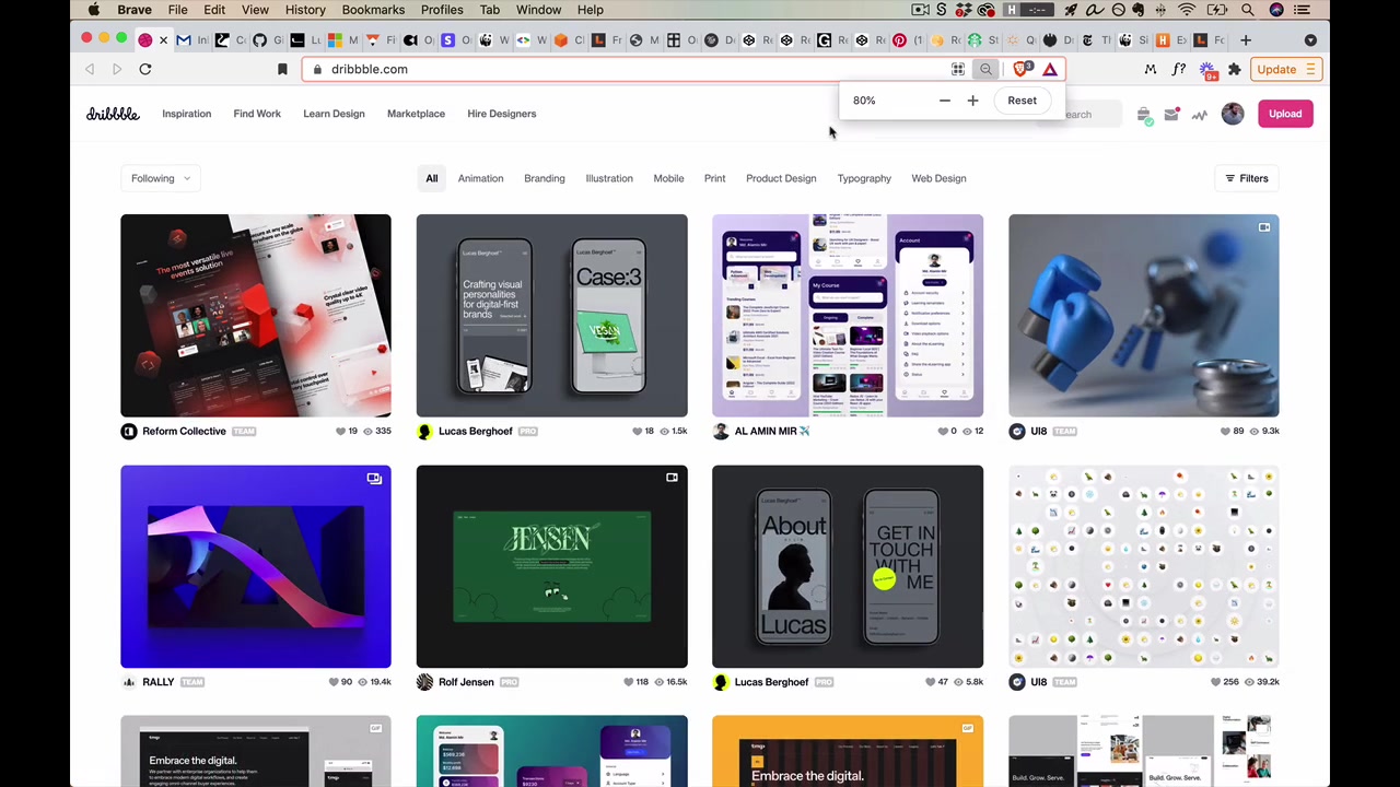 Dribbble tested at 80% zoom in Chrome dev tools — shows the browser shrinking below its natural width to expose breakpoint behaviour