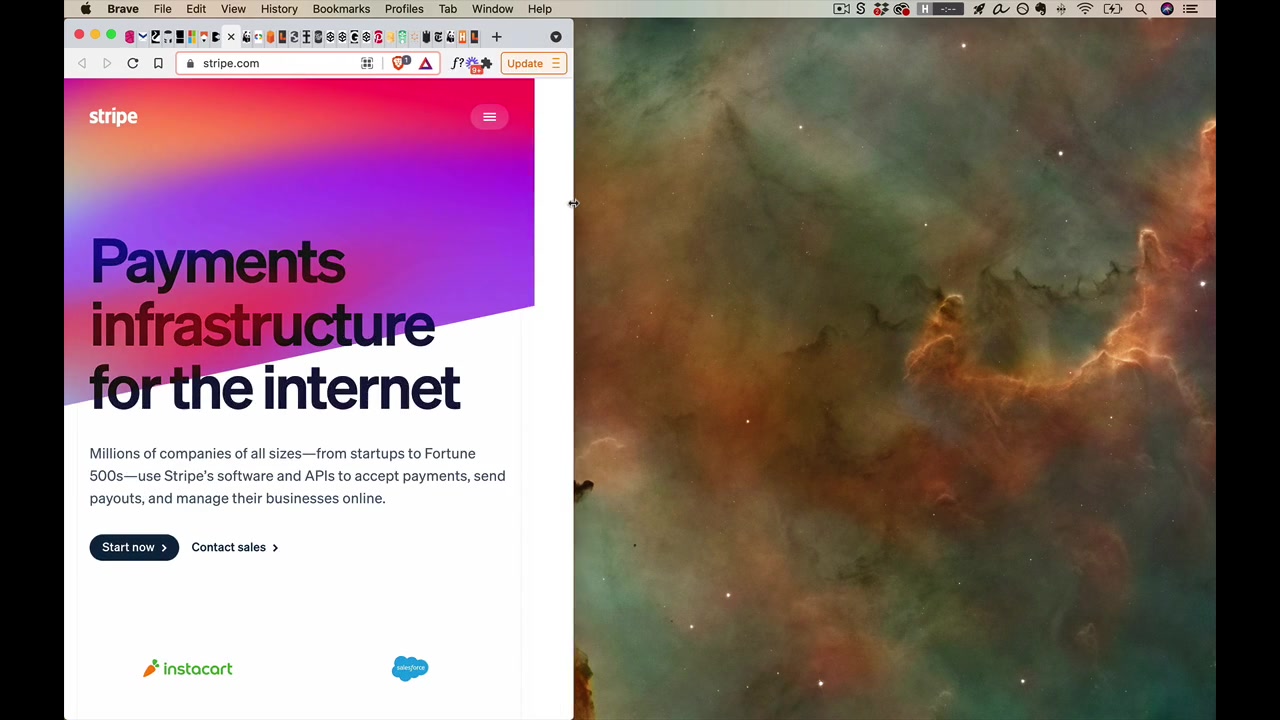 Stripe on a narrow mobile viewport — device imagery is completely absent, logo and hamburger menu only, demonstrating the remove pattern
