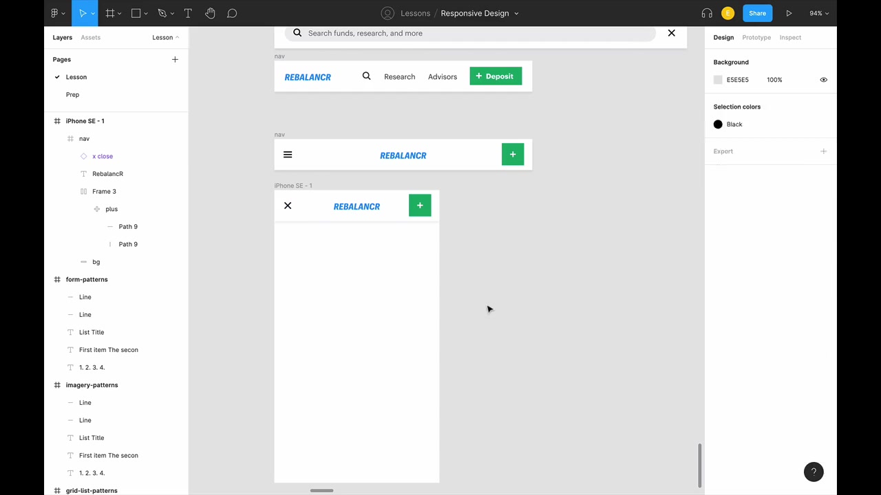 Rebalancr in Figma — hamburger menu state (≡ icon, centered logo, + button) alongside the open menu state showing nav items with X to close