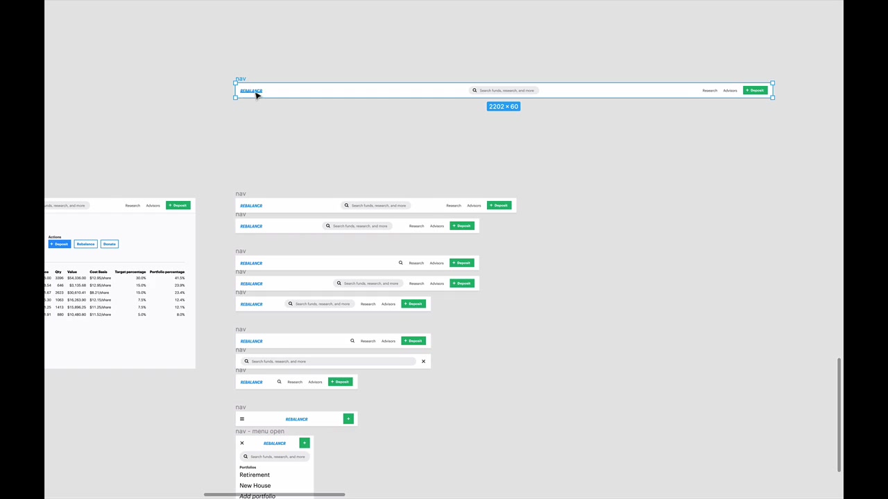 Rebalancr nav shown at multiple widths in Figma — the top frame stretches to 2202px while lower frames show how content reflows within a fixed max-width container