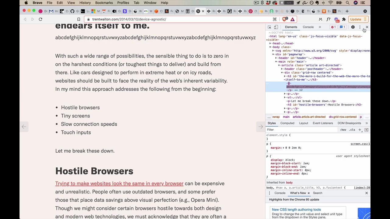 Trent Walton's site with three alphabets pasted in Chrome dev tools — the text wraps partway through the third alphabet, confirming the line length is within the 50–75 character ideal