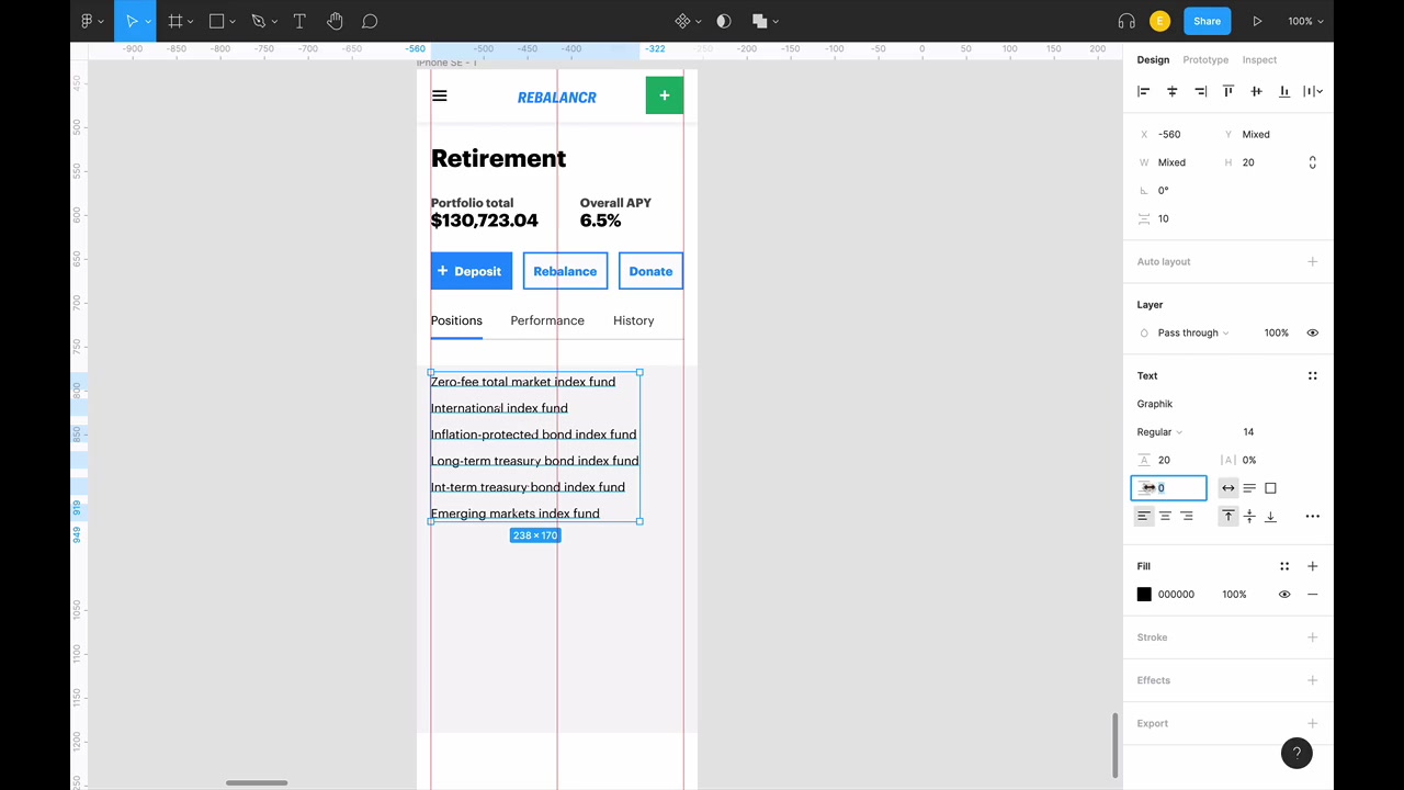 Rebalancr mobile portfolio list in Figma — each fund name stacked as a row with ticker below it, no table columns, tapping a row reveals the rest of the data