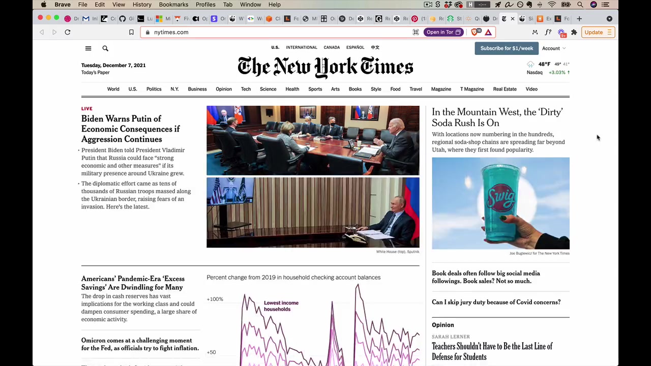 New York Times homepage — headlines and body copy appear above their associated images so context is never below the fold