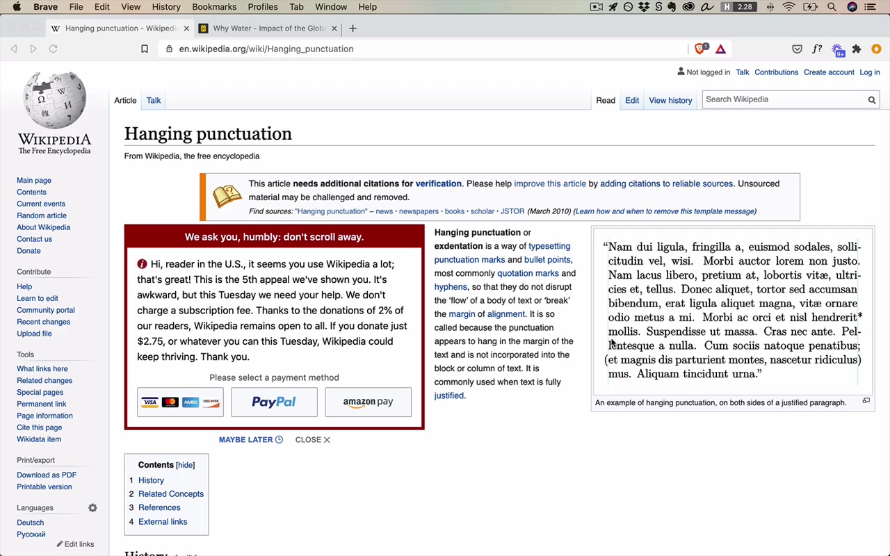 Hanging punctuation example