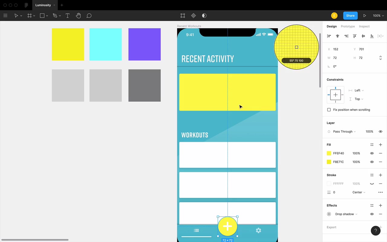 Fitness app with adjusted colors — turquoise shifted to hue 192 at 80% brightness, yellow at 100% brightness with reduced saturation. The clash is gone