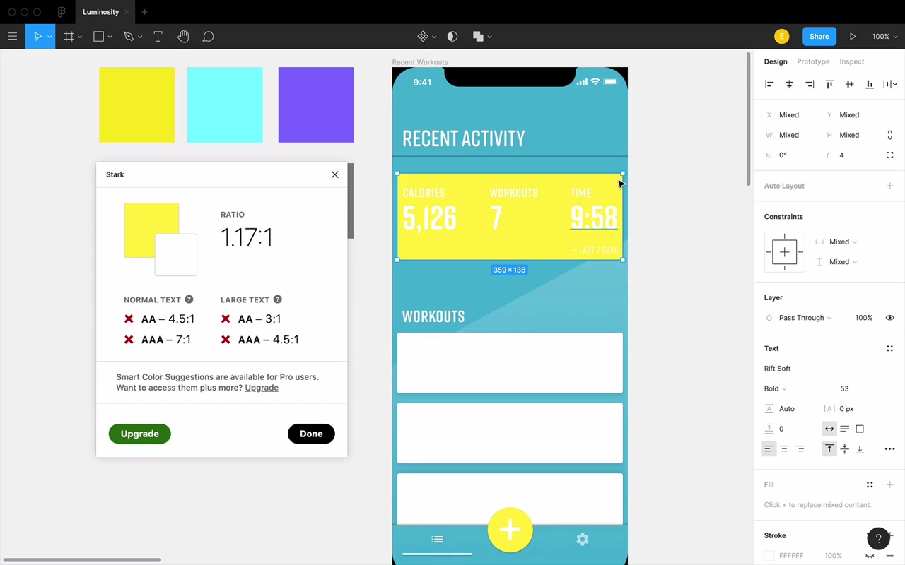 Stark plugin showing 1.17:1 contrast ratio — white text on the brightened yellow fails every accessibility level