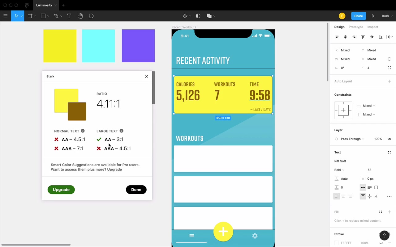 Stark plugin showing 4.11:1 — a gold/amber text color (hue shifted toward red) passes Large Text AA with wiggle room