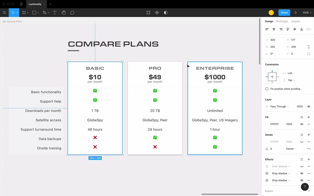 Pricing page with three white cards on a light gray background — cards pop out purely because white is more luminous than the background, even without shadows