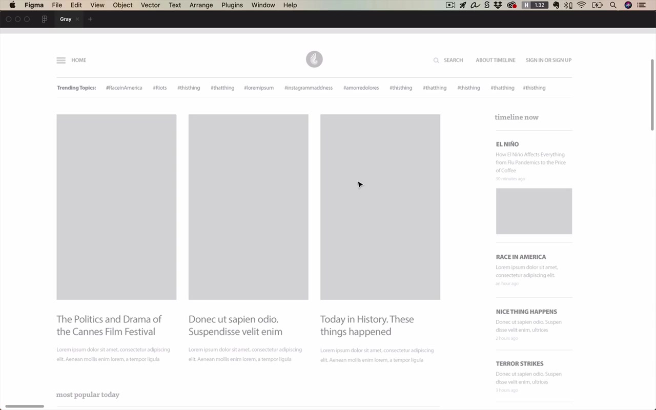 Reuters app wireframe — entirely gray rectangles, text, and placeholders, yet it looks sharp and well-structured without any color at all
