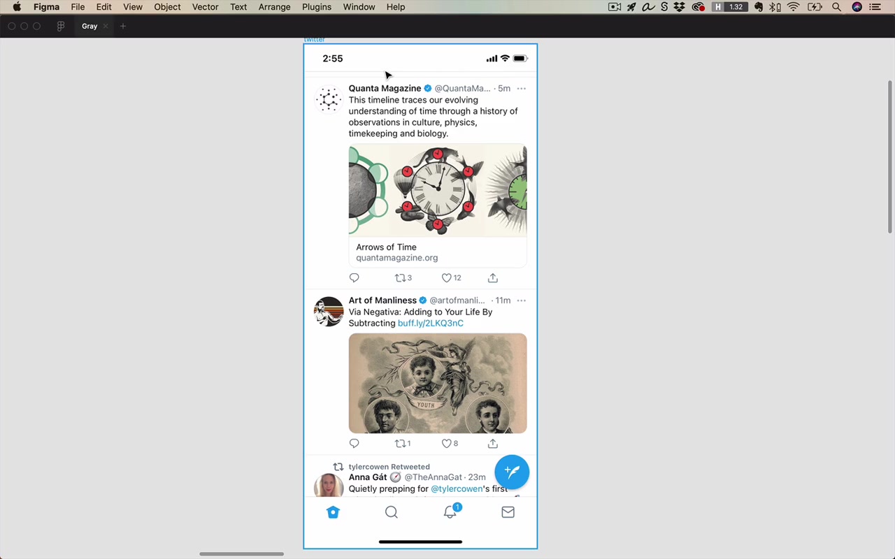 Twitter iOS — nearly everything is gray; color only appears in user-submitted imagery and the one blue brand pop in the nav/buttons