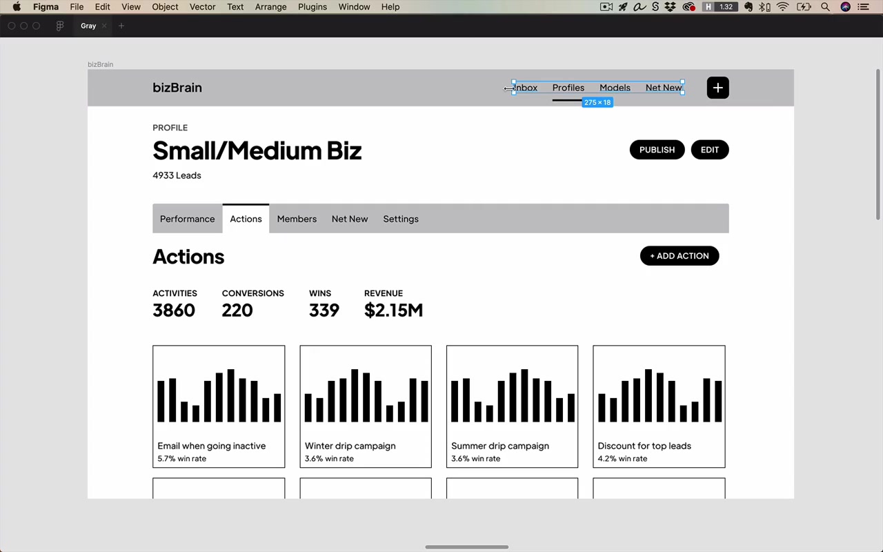 bizBrain app with opacity technique applied — nav tabs and secondary labels reduced to ~70% opacity, bar charts at ~30–40%, making the primary content stand out clearly