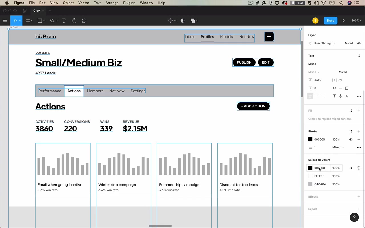 bizBrain app with just-barely-colored grays — dark text and background have a subtle teal tint matching the theme color; the right panel shows FFFFFF at 10% fill plus Background blur effect selected