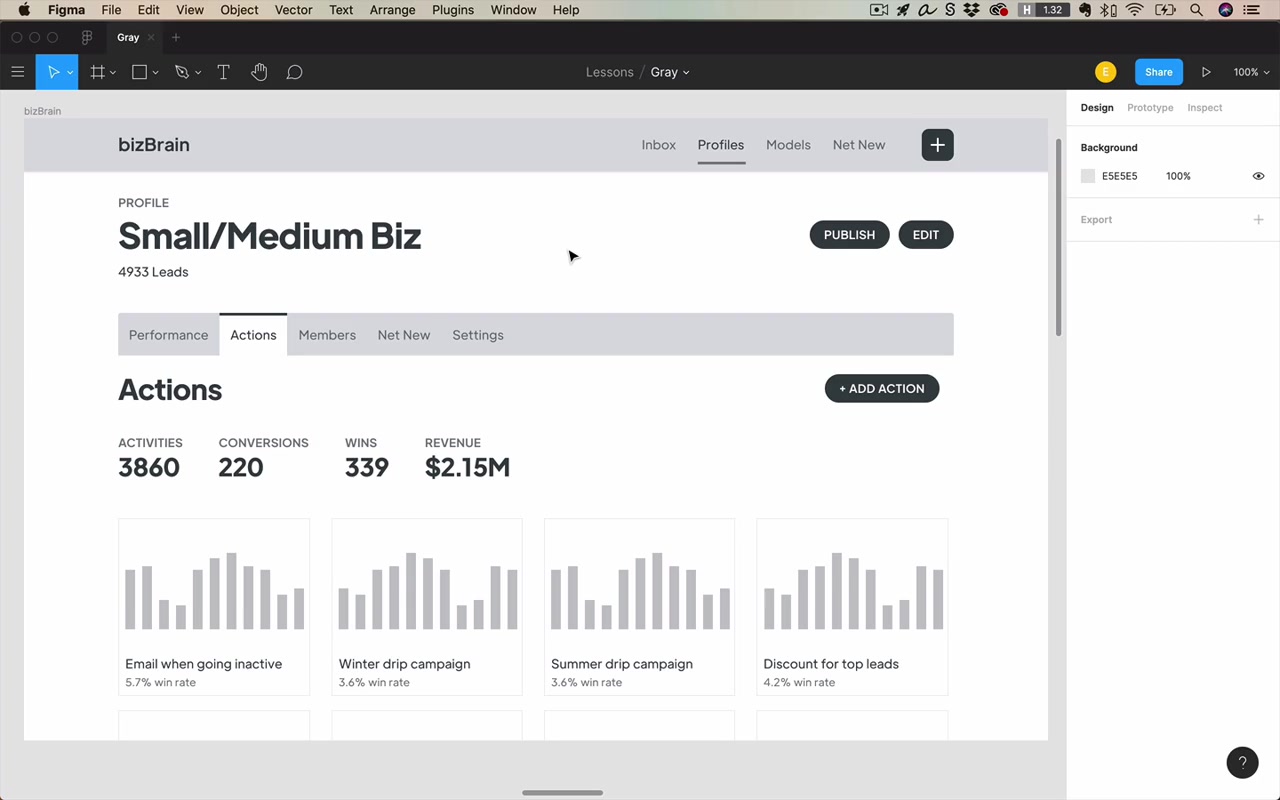 bizBrain app with elevation technique — header is a slightly darker gray than the white card surface; background (E5E5E5) selected in the panel, confirming it is not pure white