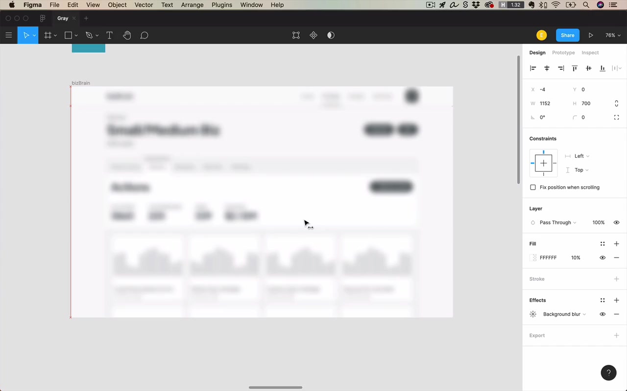 Squint test in Figma — a white layer at 10% opacity with Background blur applied sits over the entire design, simulating squinting at the layout