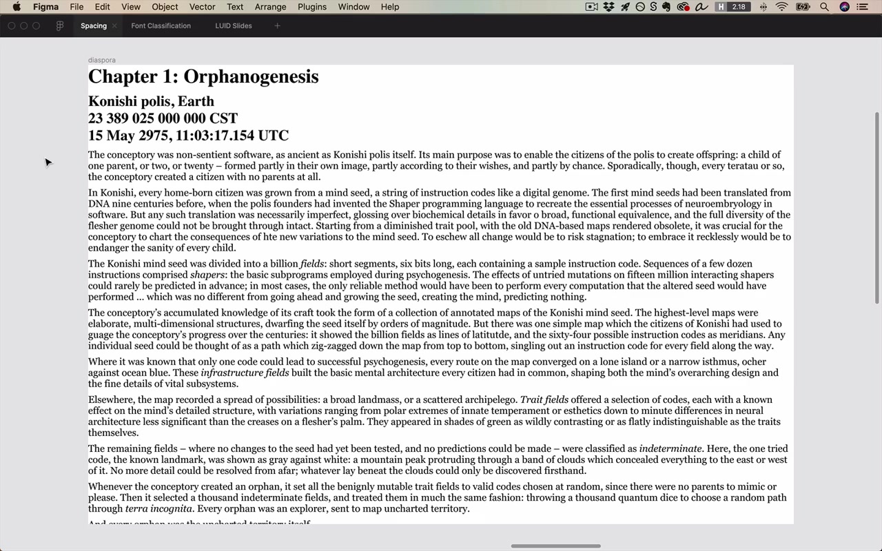 The Diaspora text as unstyled HTML — unbounded line length, default serif font, no margins; the starting point before any design work