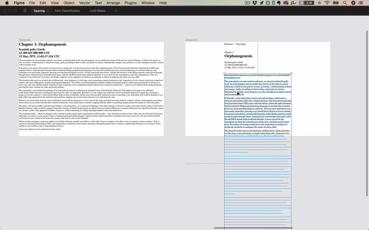 Diaspora text after adding 530px side margins — line length now 50–75 characters; breathing room immediately makes it feel designed
