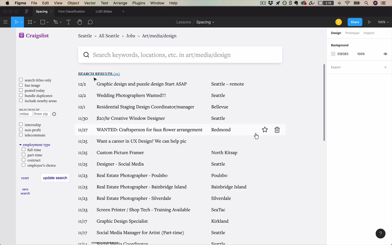 Redesigned results list — date / title / location in 3 columns with 32px between them; "SEARCH RESULTS (21)" SLUB label above; star/trash controls reveal on hover only