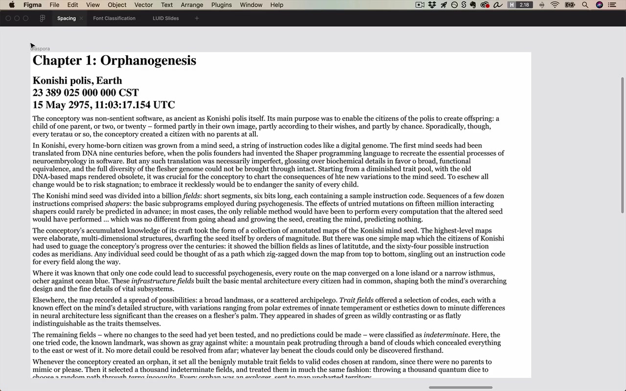 Diaspora text with side margins applied in Figma — content centered, generous margin on both sides