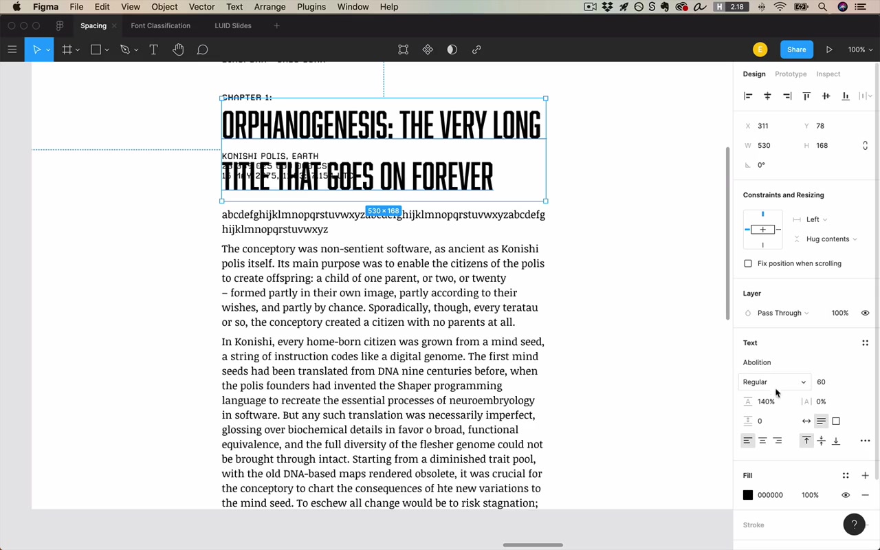 Diaspora page with Abolition (chapter title), Carbon (metadata), Noticia Text (body) — 88px above the heading draws the eye to it as a focal point