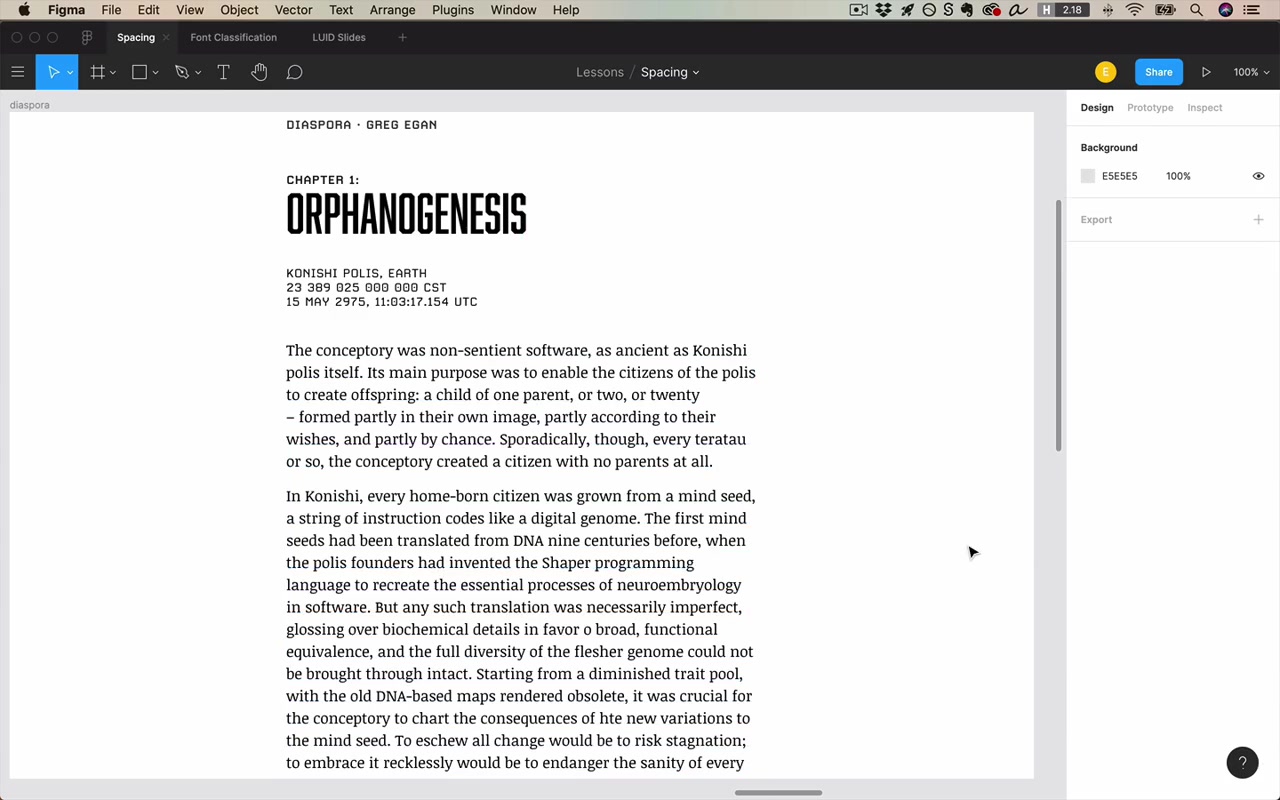 Complete Diaspora typography layout — Carbon monospace header, Abolition chapter title, Noticia Text body; paragraph spacing between sections is visibly greater than line height within each paragraph