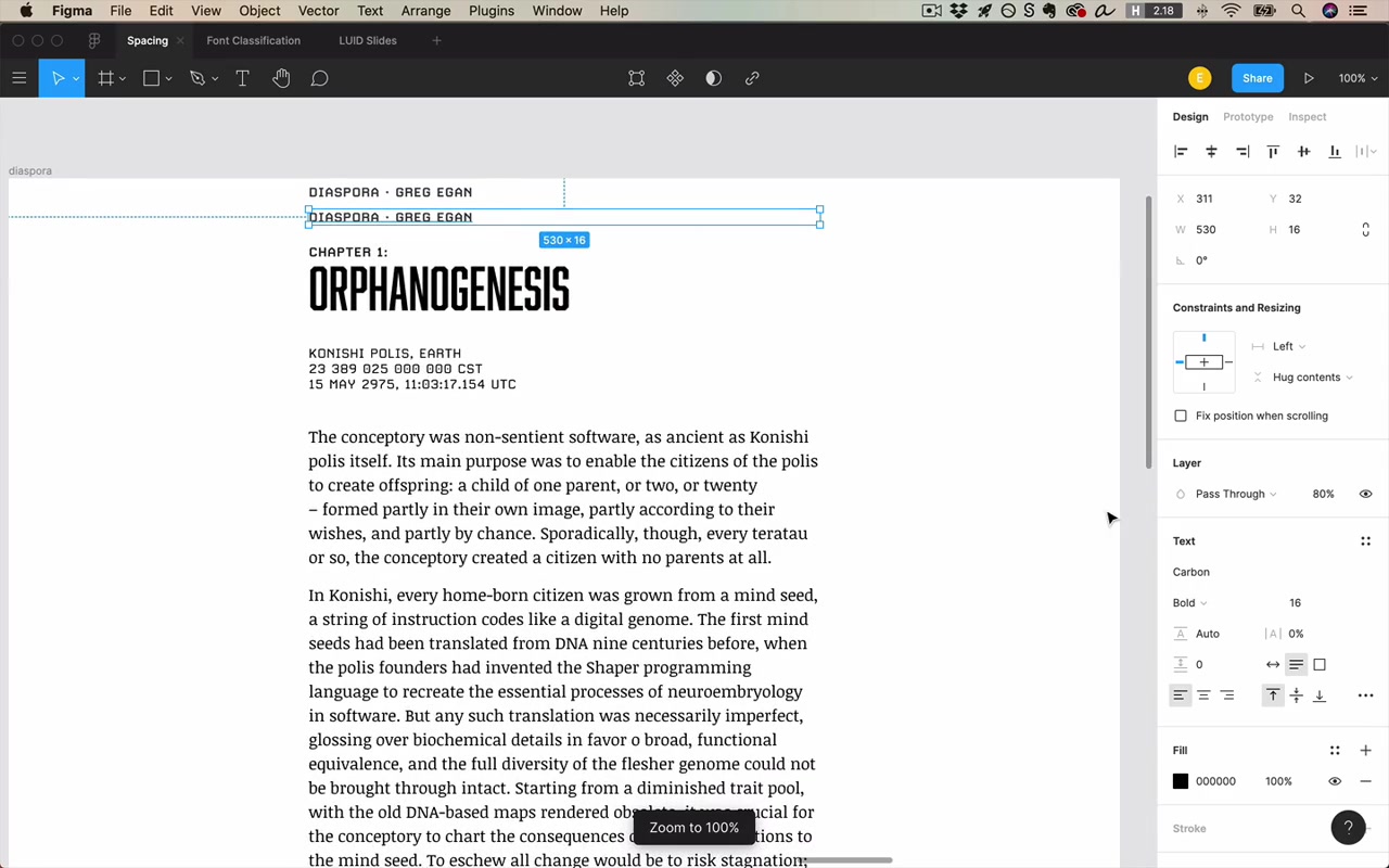 Carbon monospace "DIASPORA · GREG EGAN" header — uppercase label where added letter spacing is appropriate; Figma letter spacing panel visible