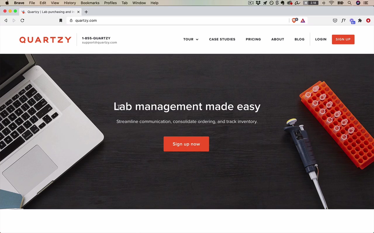 Quartzy landing page — ~180px above the headline, nav bar is 90% white space; what looked excessive to a developer eye is exactly right