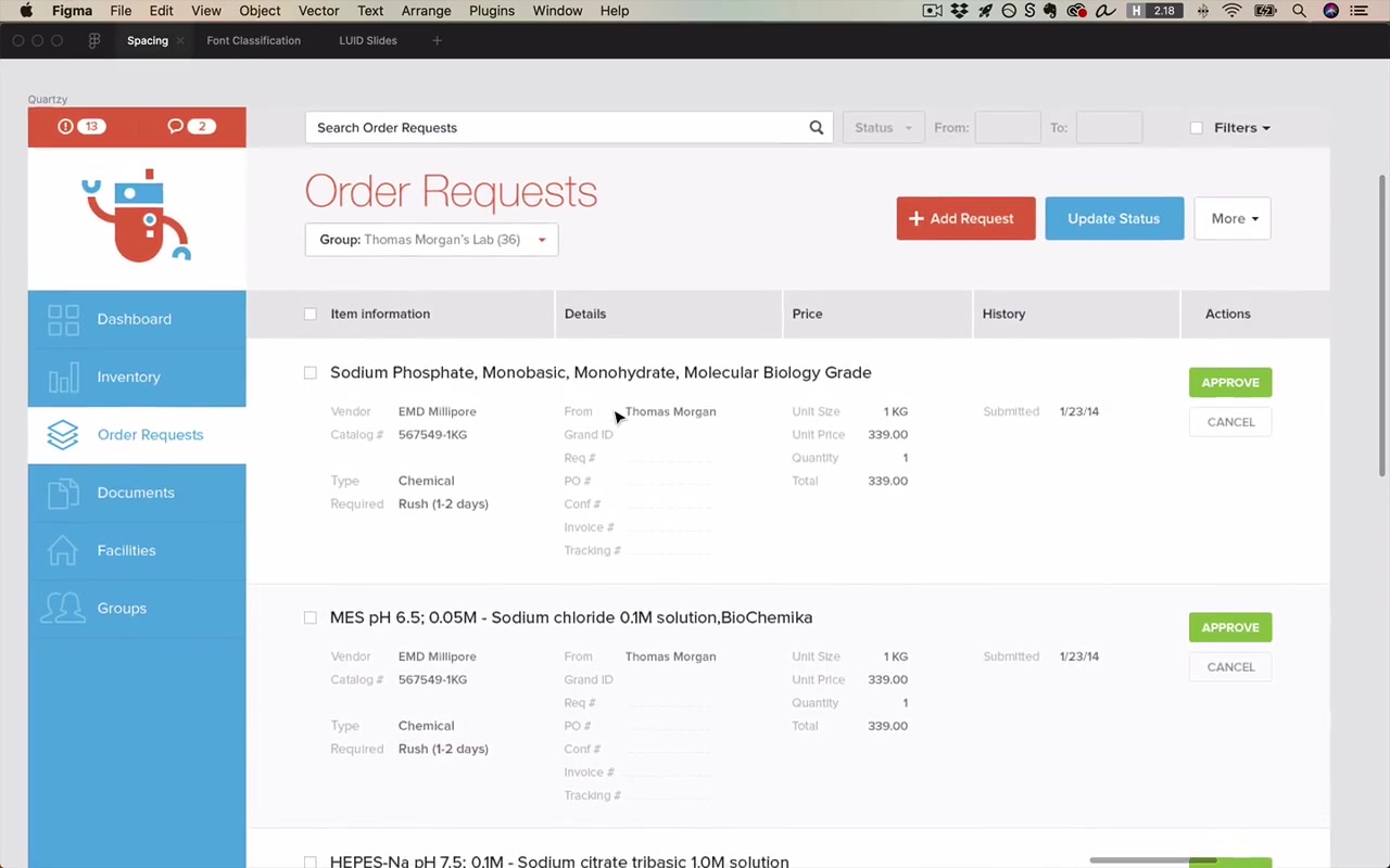 Quartzy order requests table — data-heavy but generously laid out; 50px above action buttons, 25px vertical / 35px horizontal padding; dense data and white space can coexist