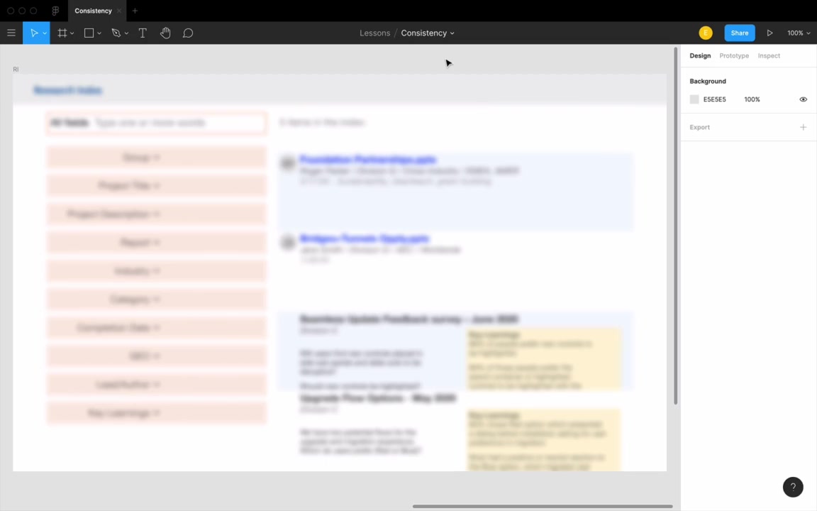 Squint test blur applied to the original design — zebra-striped rows read as two separate lists instead of one