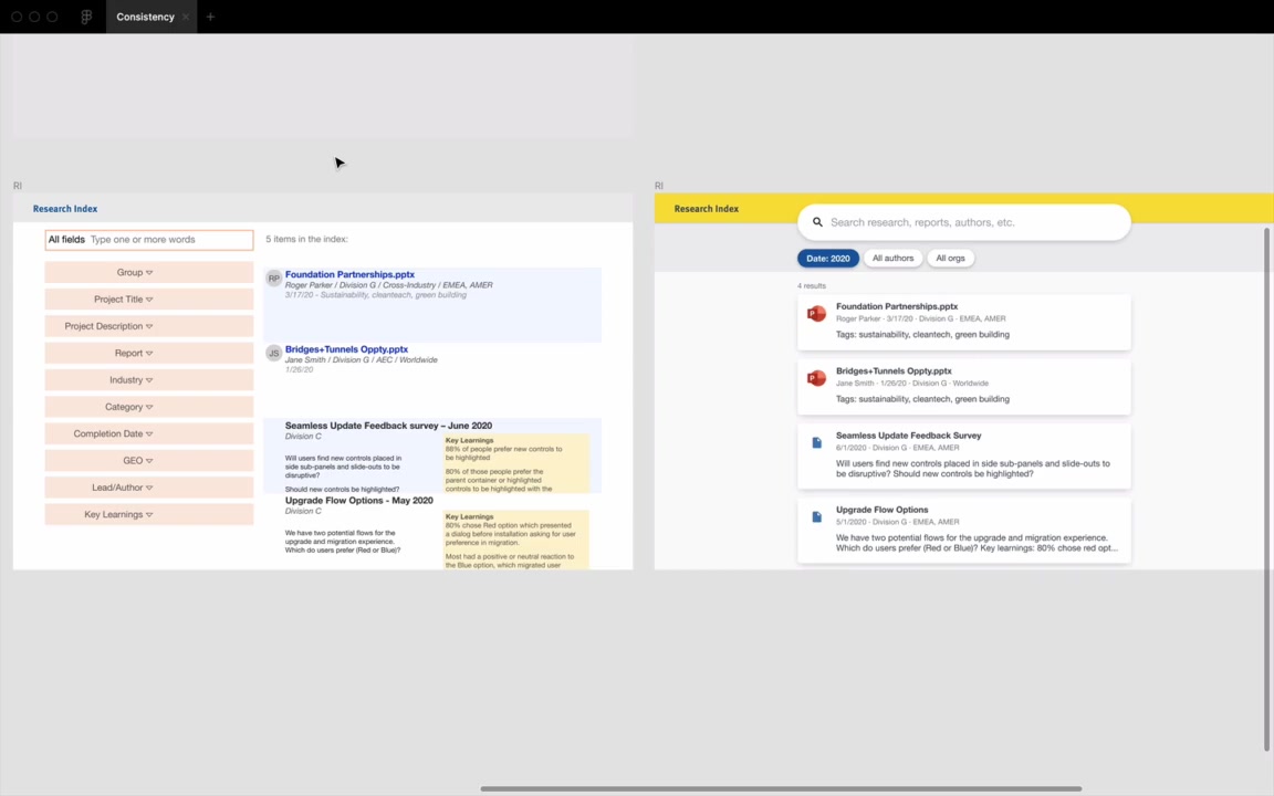 Desktop research index redesign vs. original — the redesigned version reads clearly as search + filters + results even when blurred