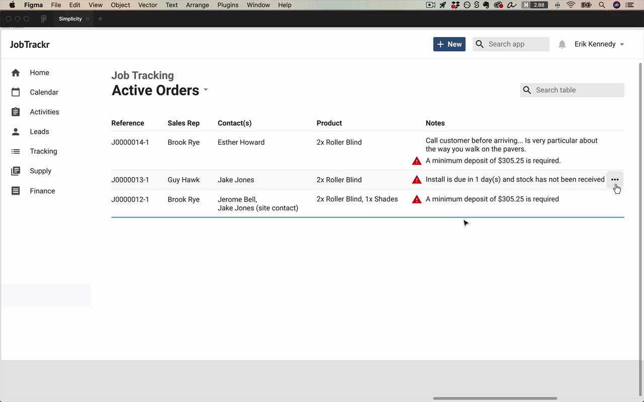Finished job tracker table with alerts column, notes text, and hover-revealed row action buttons — all hiding strategy results visible at once