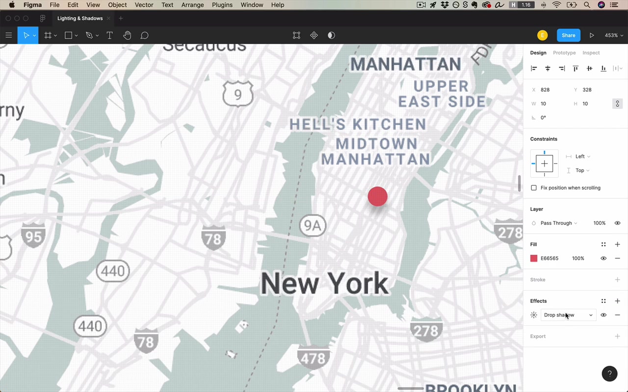 Map beacon using drop shadow with matching color, zero blur, and positive spread — simulating a glowing ring rather than a shadow