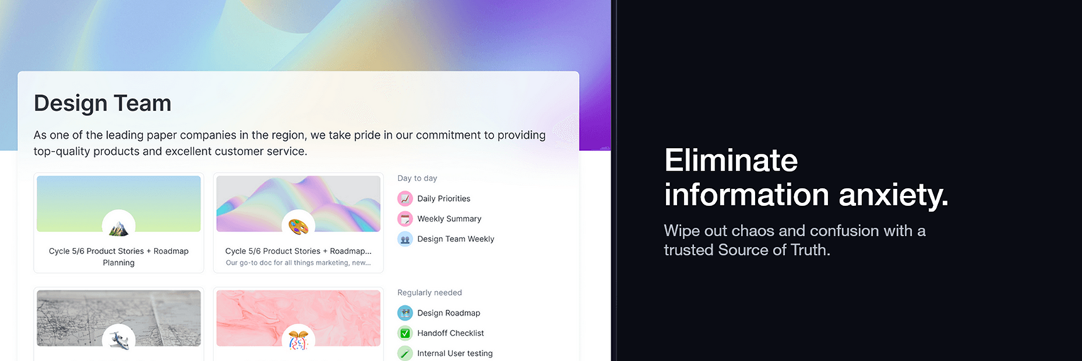 Eliminate information anxiety — product left, text right
