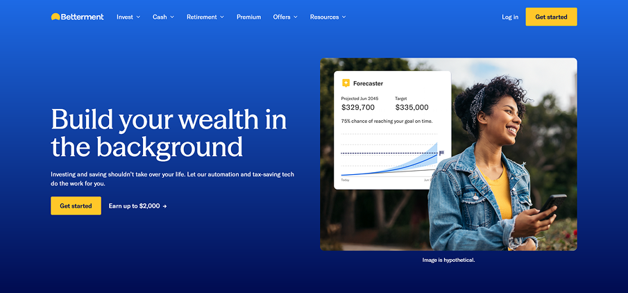 Hero — blue background, yellow CTA, forecaster overlay