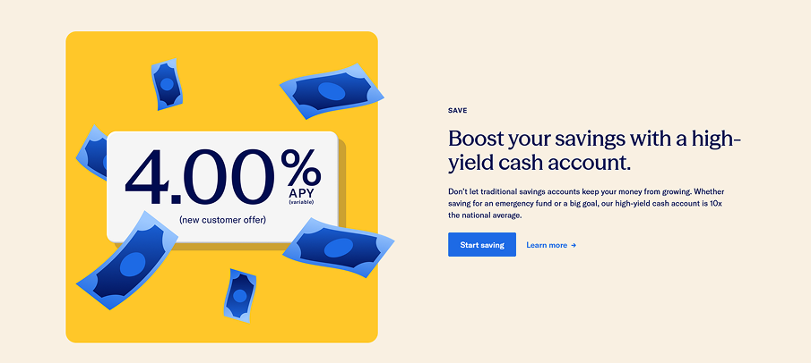 Savings section — yellow background, floating blue money illustration