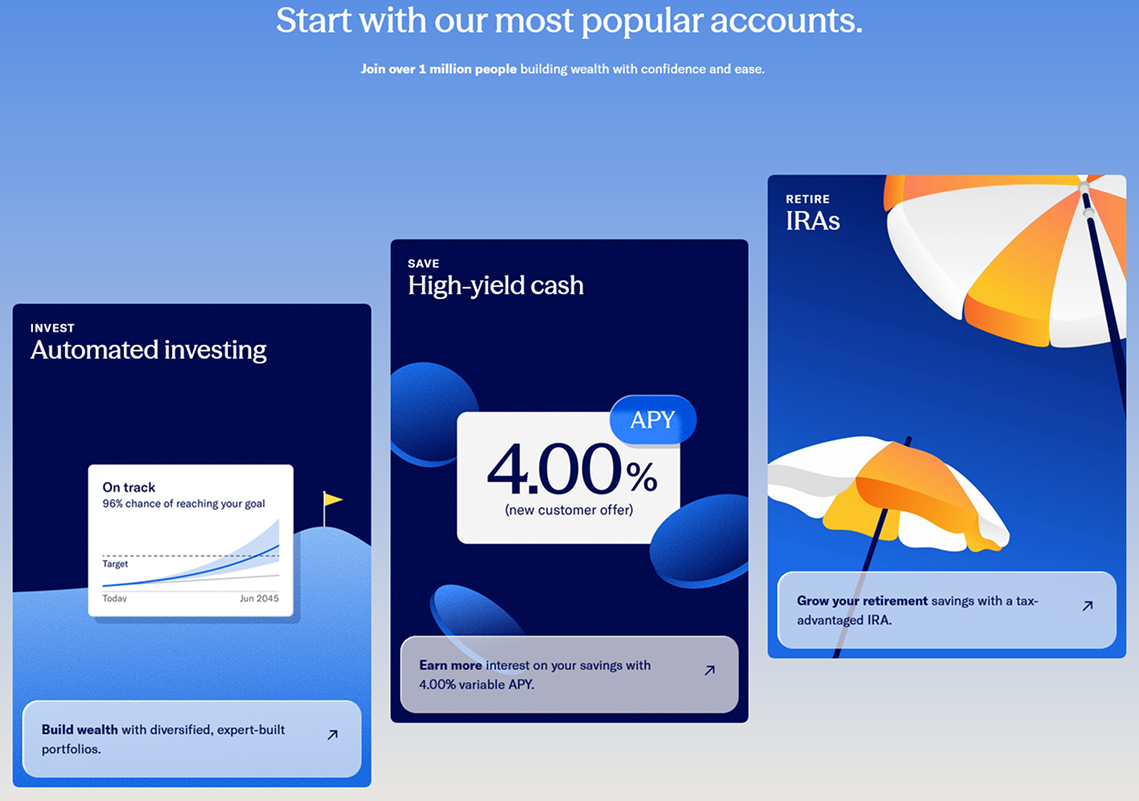 Product account cards — Automated investing, High-yield cash, IRAs with 3D illustrations