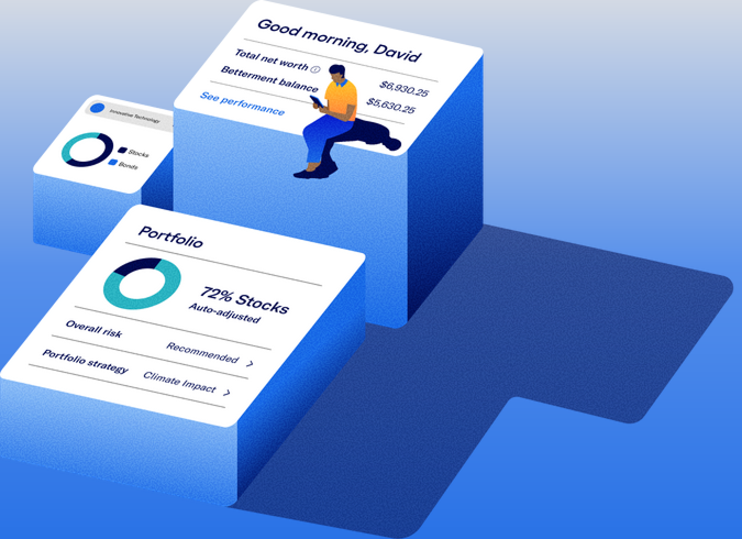 Isometric portfolio dashboard — 3D platform with person sitting on top