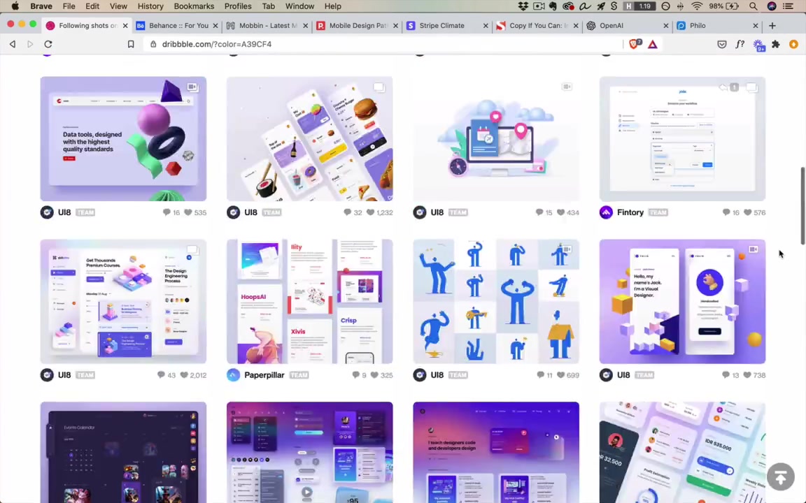 Dribbble color search — entering a blue-indigo hex shows what top designers are doing with that exact hue, surfacing yellow as a common pairing