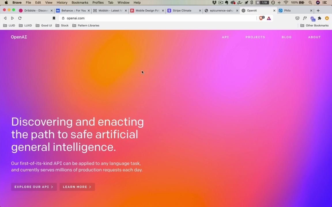 OpenAI homepage copywork in Figma — the instructor's recreation next to the original, showing the radial gradient rectangle technique