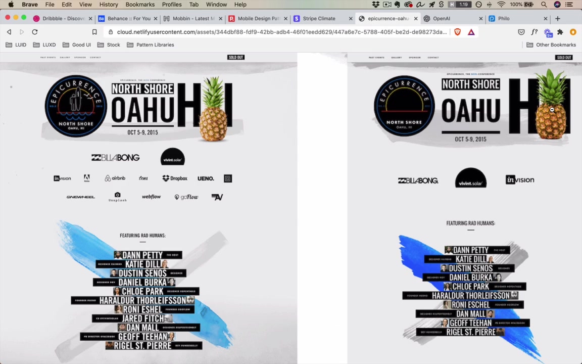 Epicurrence Conference site — "HI" at 360pt, so large it becomes a visual element rather than readable text