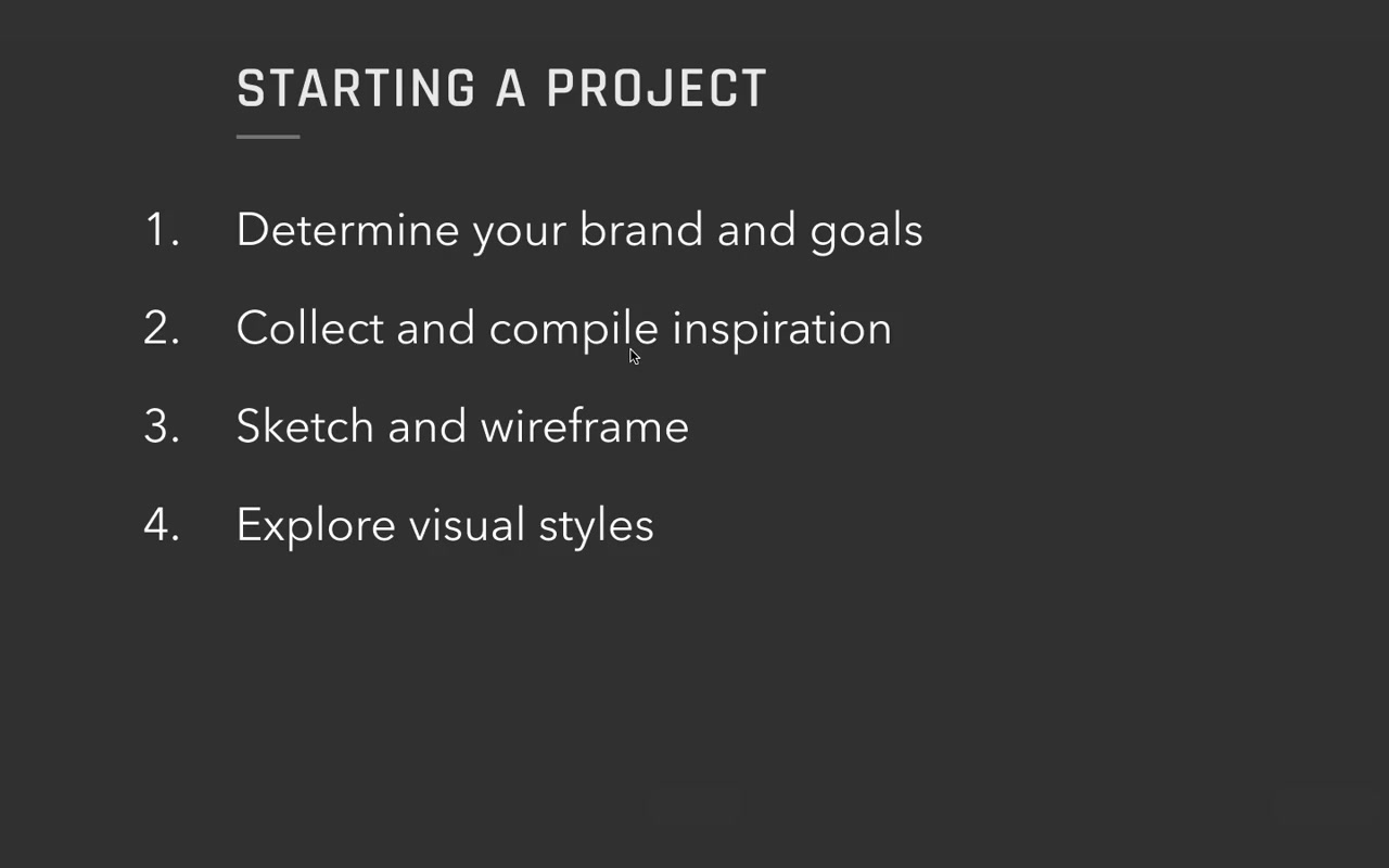 The four-step project process overview slide — brand & goals, collect inspiration, sketch & wireframe, explore visual styles