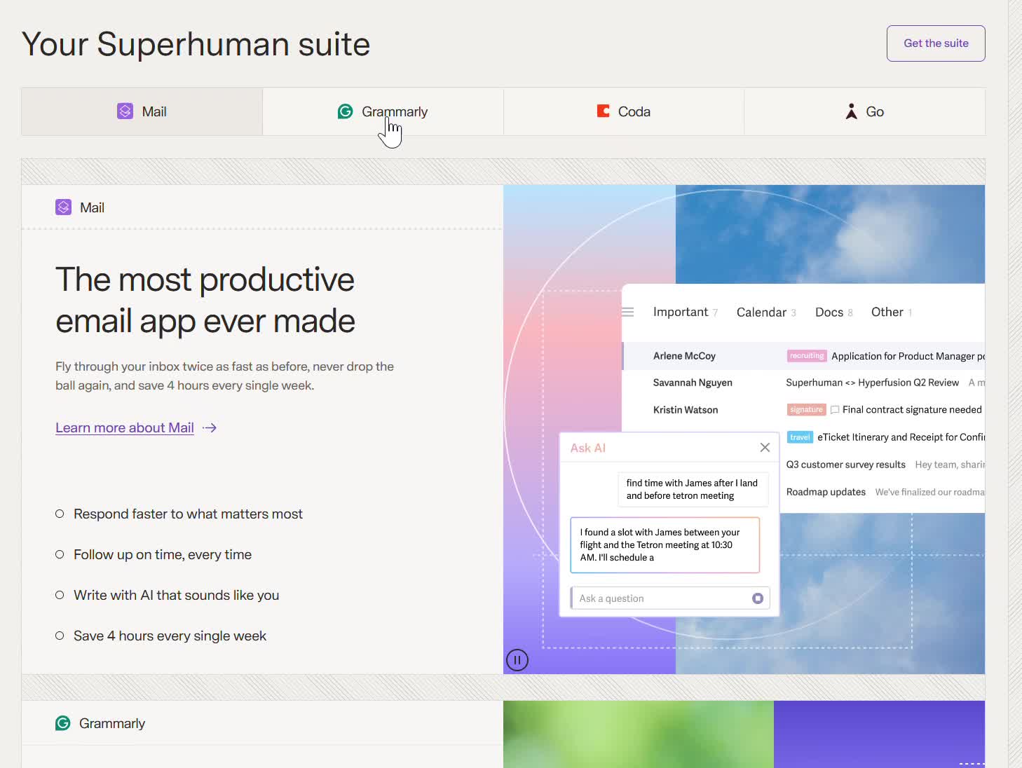 Mail section active — sticky tab bar highlighted on Mail