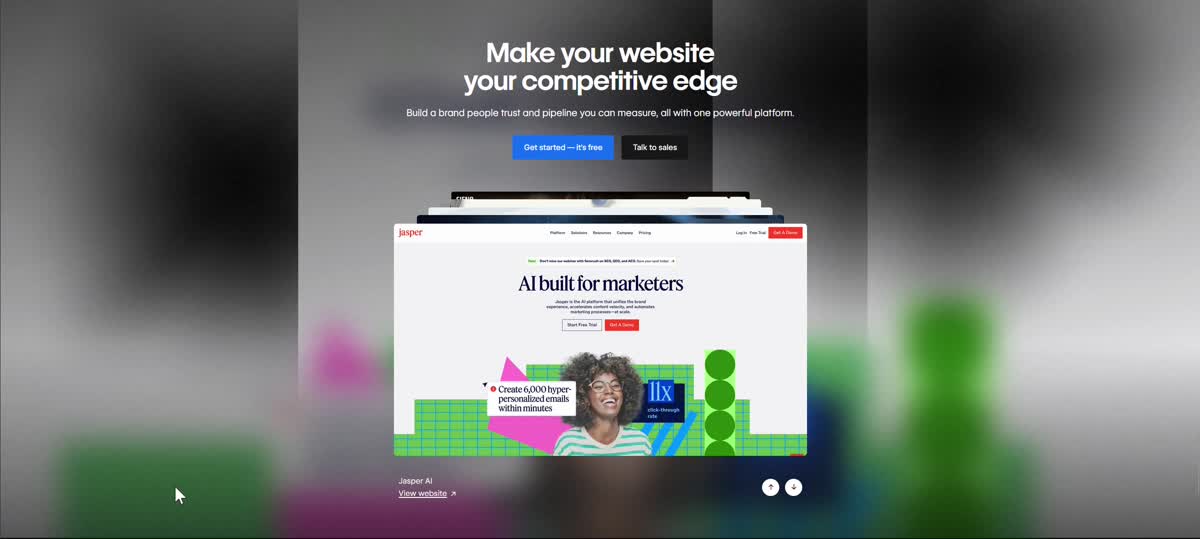 Background blobs — two colored blurs follow cursor position, site preview card centered