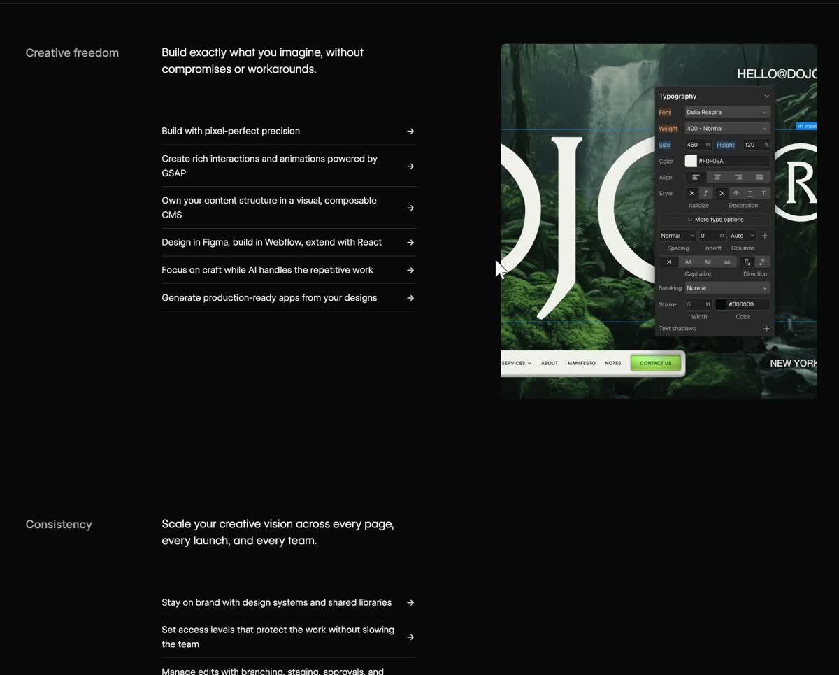 Scrollspy — 'Creative freedom' section active, feature list left, live product demo right