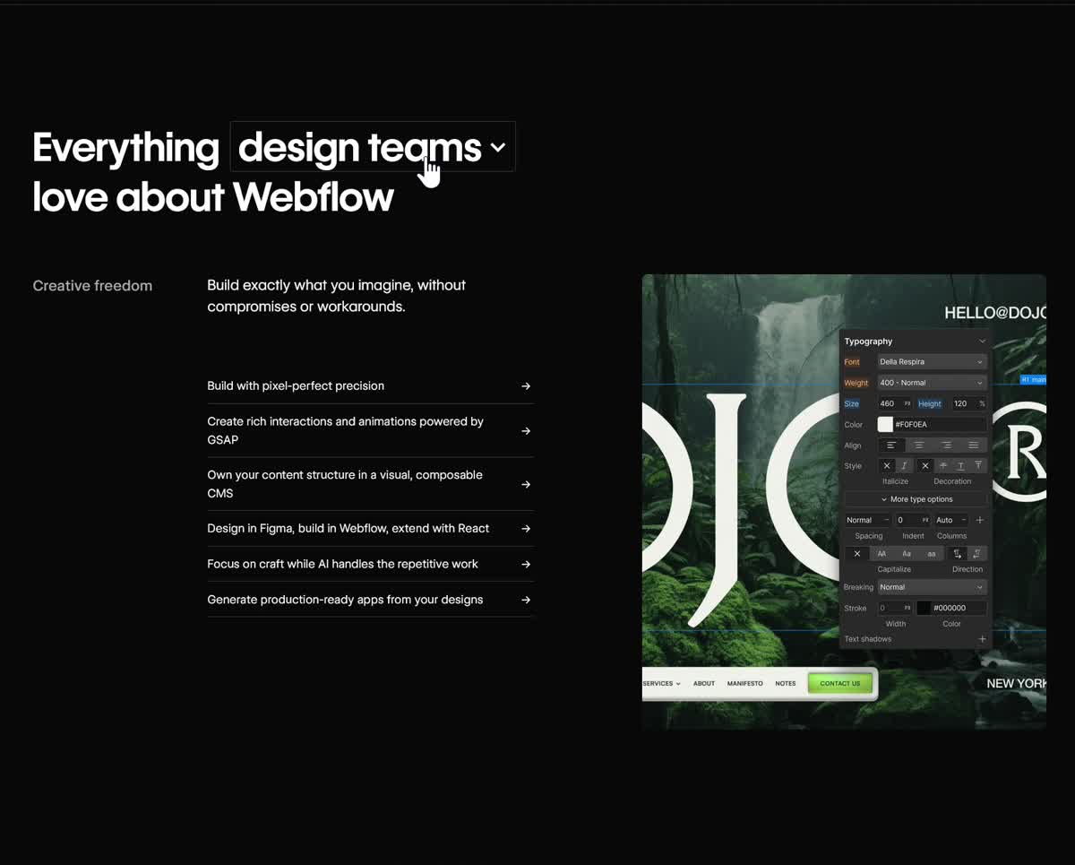 Headline: 'Everything [design teams ▼] love about Webflow' — dropdown embedded in prose
