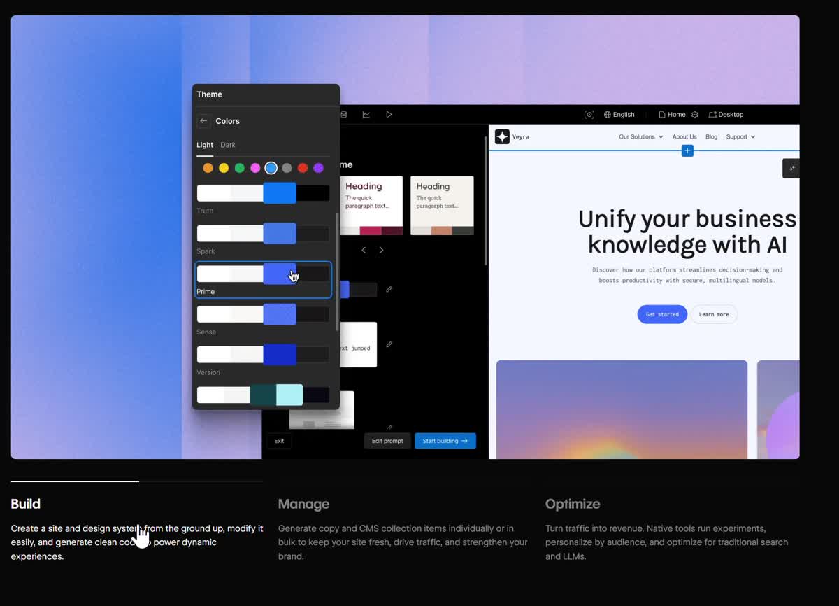 Build step active — AI theme color editor overlaid on live preview