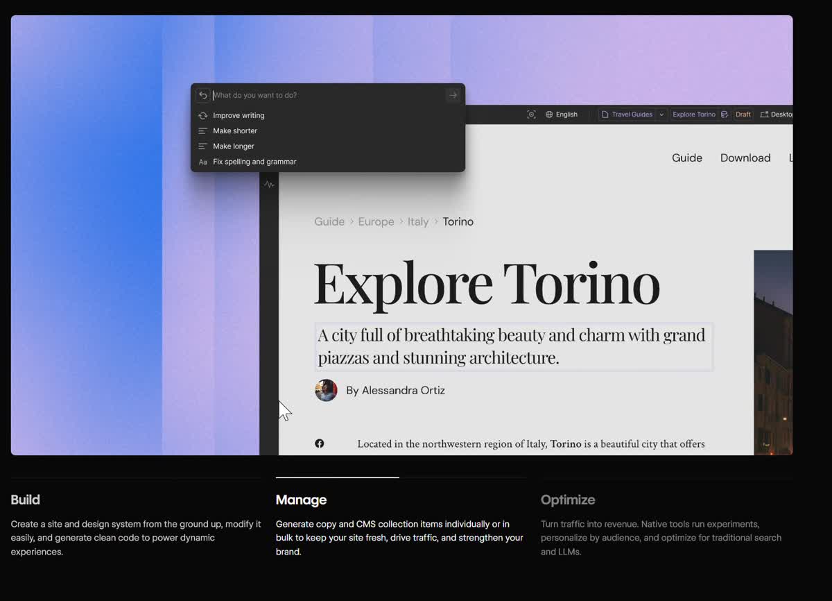 Manage step active — AI writing assistant in CMS panel, Build bar complete